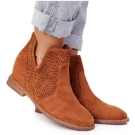 Botki damskie - Ażurowe Botki Na Koturnie S.Barski Camel brązowe - miniaturka - grafika 1