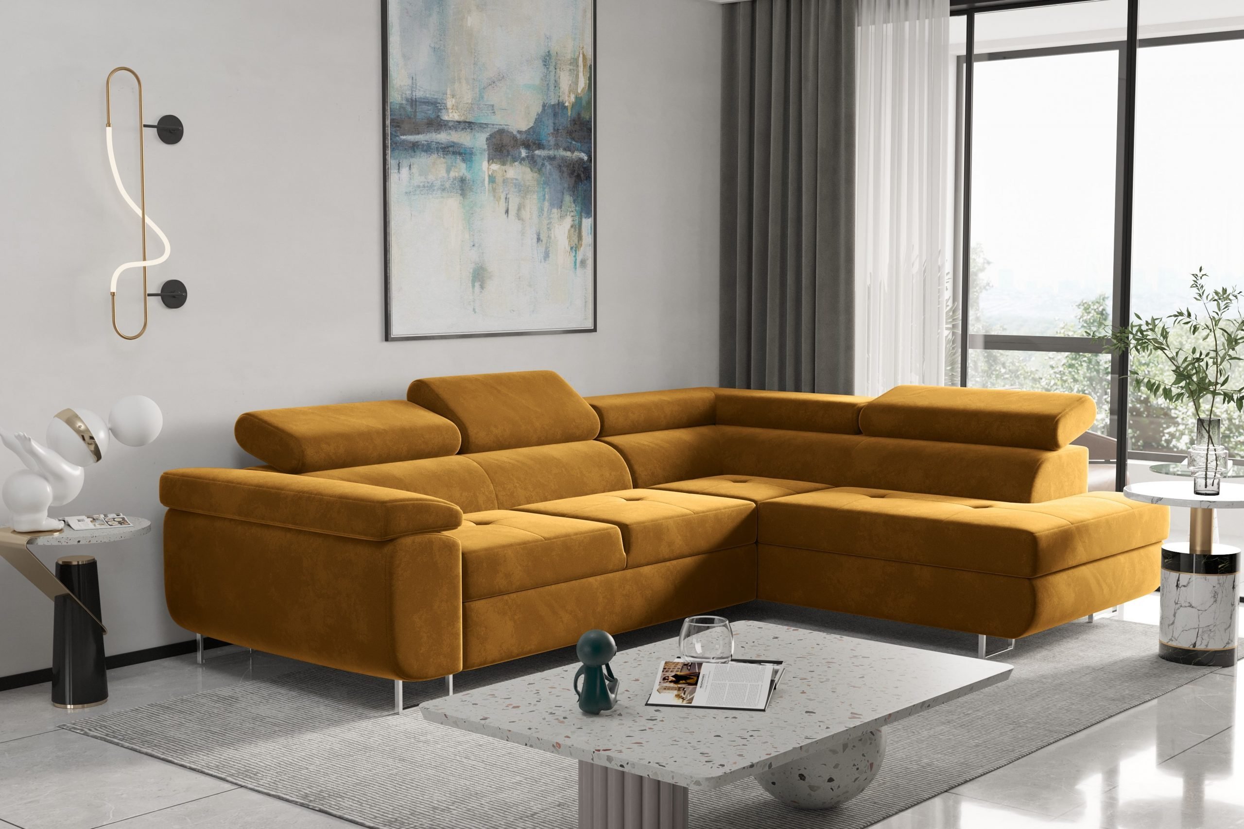 Narożnik z funkcją spania i pojemnikiem na pościel w kształcie litery L - ATOM - tkanina Monolith, wiele kolorów Klasyczny Musztardowy Prawy