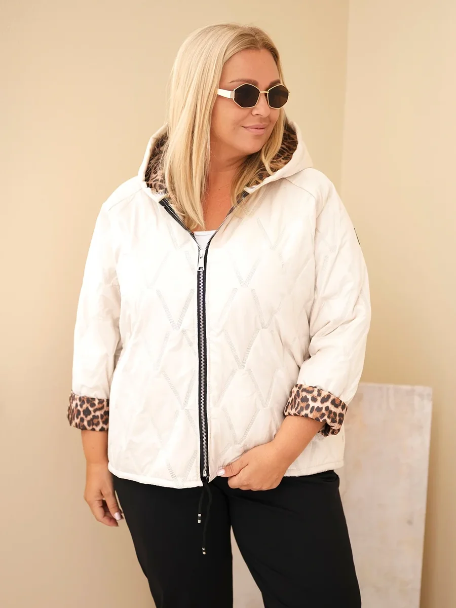 Beżowa kurtka damska Plus Size z geometrycznym pikowaniem