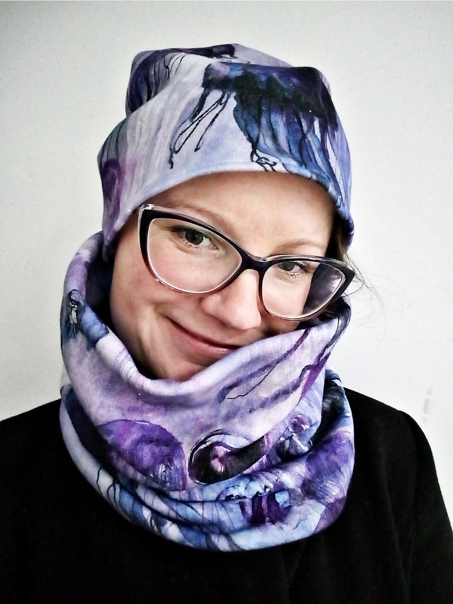 zestaw oversize CZAPKA i KOMIN XL niebieski, print MEDUZY (b. ciepła bawełna)