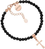 Biżuteria religijna - Czarna bransoletka z fasetowanego onyksu z krzyżykiem z różowego złota - miniaturka - grafika 1