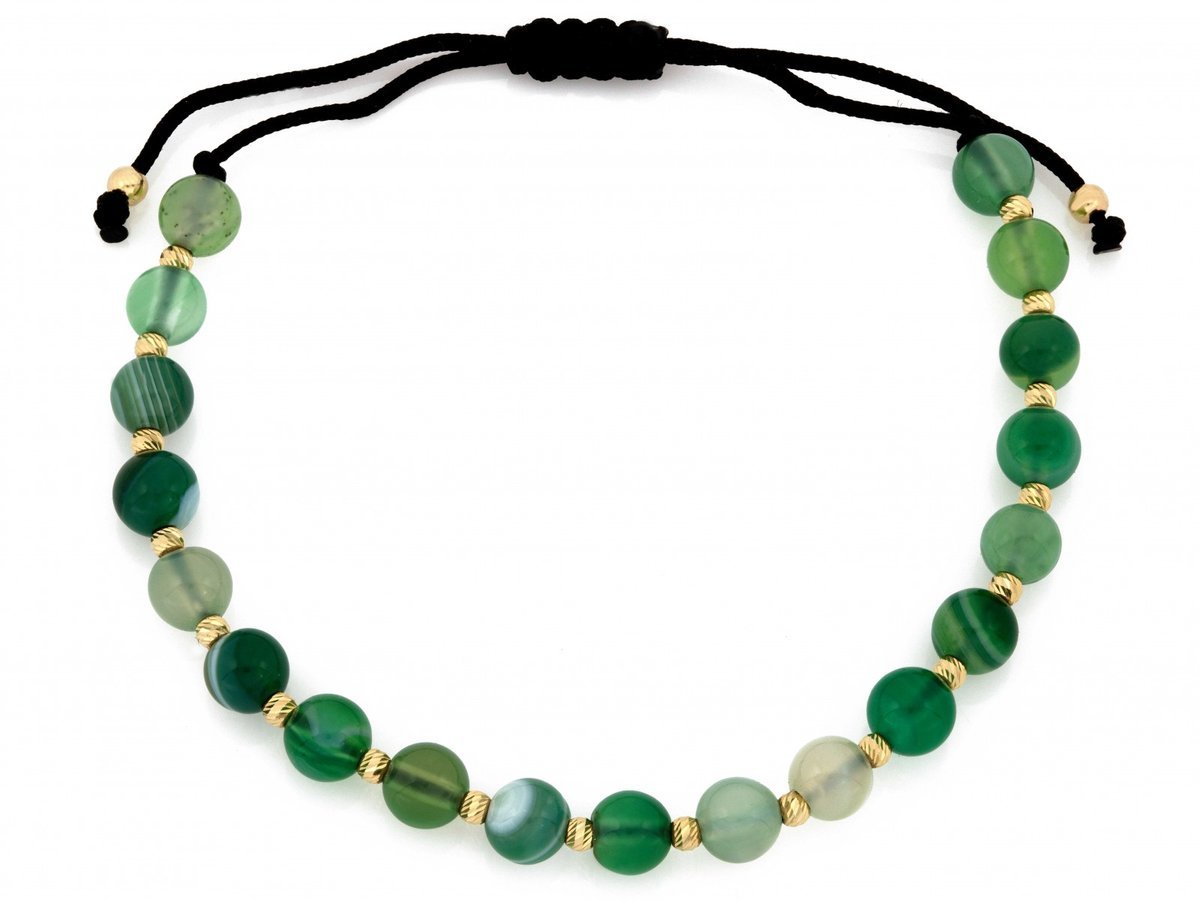 Bransoletka damska złota 585 14k 0.68g z zielonymi kamieniami na sznurku