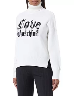 Swetry damskie - Love Moschino Damski sweter z krótkim rękawem o prostym kroju, z piórkami i emblematem, optical white, 38 - grafika 1
