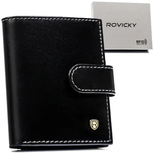 Eleganckie męskie etui na karty ze skóry naturalnej ROVICKY czarne pionowe na zatrzask kieszeń na banknoty pudełko na prezent ochrona RFID STOP - Etui na dokumenty i karty - miniaturka - grafika 1