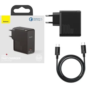 Baseus GaN2 USB-C 100W QC 5.0 czarny + kabel USB-C USB-C 5A 1,5m czarny TZCCGAN-L01 - Ładowarki do telefonów - miniaturka - grafika 1