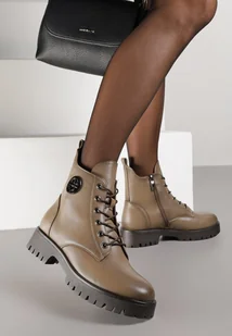 Ciemnobeżowe Botki Potocki w Stylu Workerów z Geometryczną Aplikacją Fiorna - Botki damskie - miniaturka - grafika 1