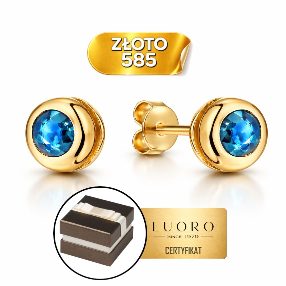 KOLCZYKI ZŁOTE 585 14K NIEBIESKI KAMYK OTACZKA ZŁOTA 4,5 MM SZTYFT