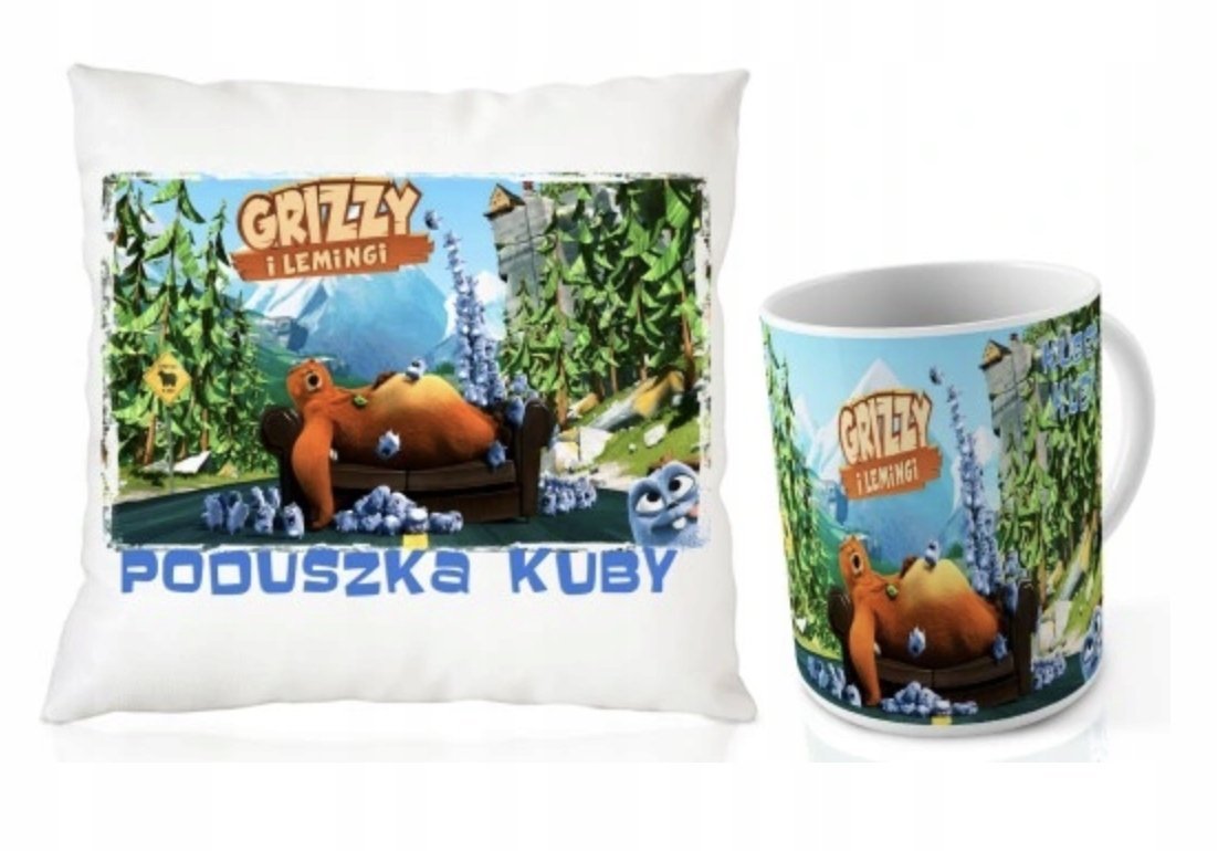 ZESTAW PODUSZKA + KUBEK Prezent Grizzy i lemingi BAJKA + IMIĘ 24