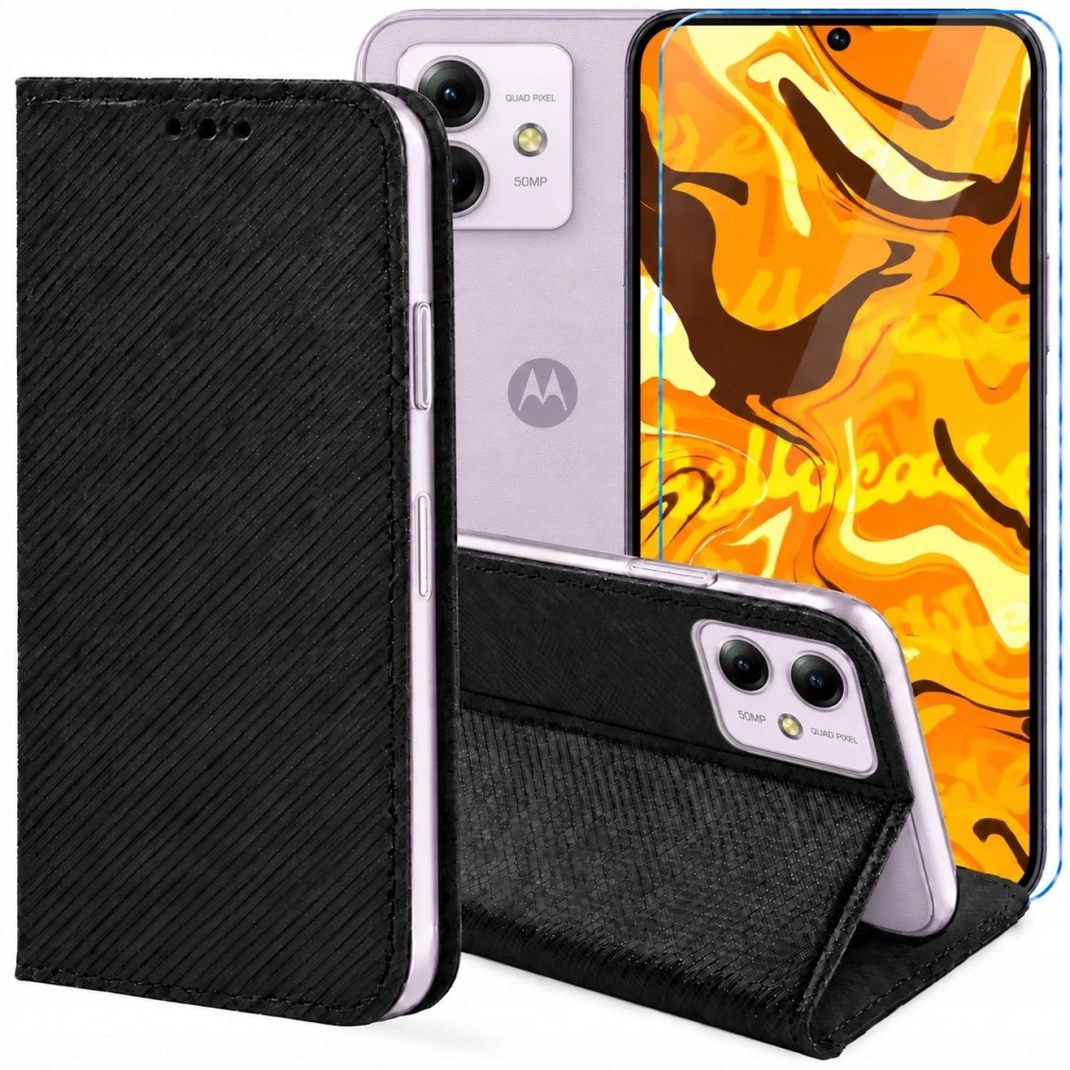 Hello Case Etui z Klapką Do Motorola Moto G14 Czarne, Zamykane, Magnetyczne Szkło BNDL3371