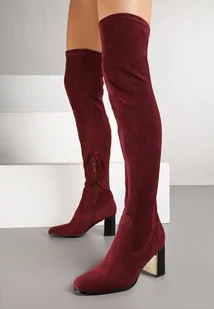 Bordowe Kozaki za Kolano z Ozdobnym Obcasem z Metaliczną Wstawką Agnerissa - Kozaki damskie - miniaturka - grafika 1