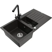 Zlewozmywaki z baterią - Mexen Matias zlewozmywak granitowy 1,5-komorowy z ociekaczem i baterią kuchenną Duero, czarny/złoty metalik - miniaturka - grafika 1