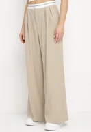 Spodnie damskie - Beżowe Wiskozowe Spodnie Palazzo z Wysokim Stanem Zapinane na Zamek Błyskawiczny Fomilia - miniaturka - grafika 1