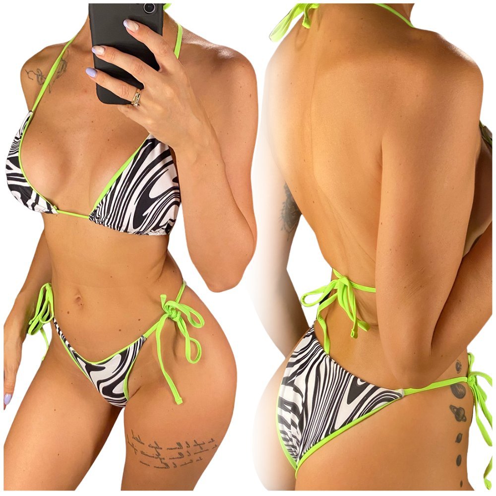 Strój kostium kąpielowy dwuczęściowy micro bikini zebra neonowy sexy S