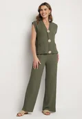 Komplety damskie - Ciemnozielony Komplet Bluzka Bez Rękawów Zdobiona Broszkami i Szerokie Spodnie Sadaniae - miniaturka - grafika 1