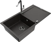 Zlewozmywaki z baterią - Mexen Leo zlewozmywak granitowy 1-komorowy z ociekaczem i baterią kuchenną Flora, czarny/złoty metalik - 6501-75-670401-07-B - miniaturka - grafika 1