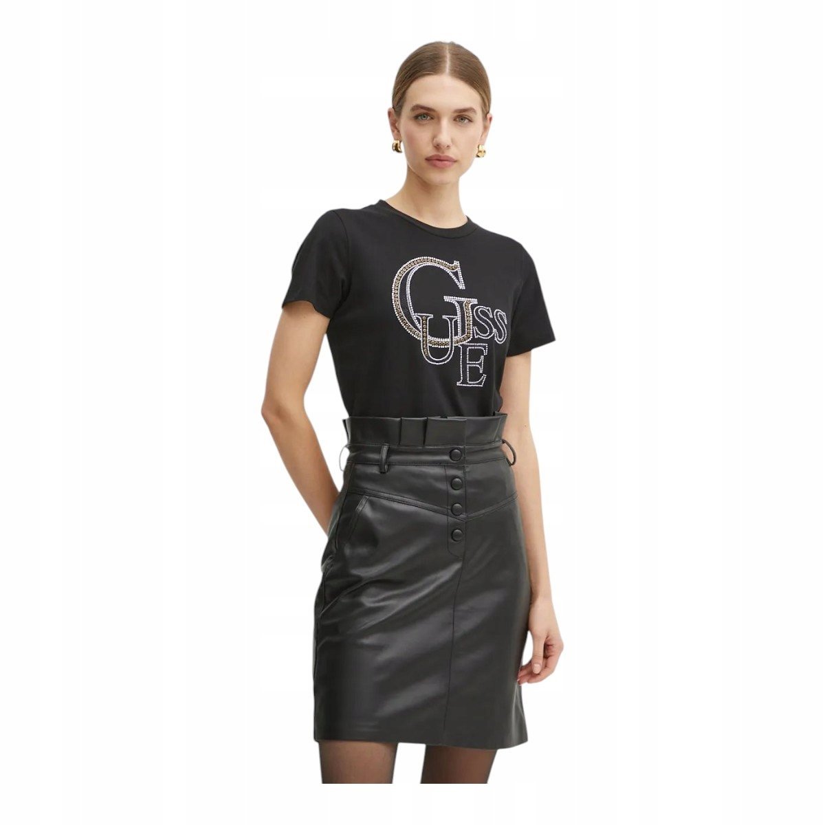 GUESS KOSZULKA DAMSKA SS CN GUESS STUDDED CZARNA r.S