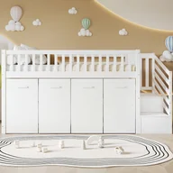 Łóżka dla dzieci i młodzieży - Łóżko piętrowe dla dzieci 90x200 cm, wielofunkcyjne łóżko z barierką, biurko/szafka z 2 szafkami, sosna + MDF, biały - miniaturka - grafika 1