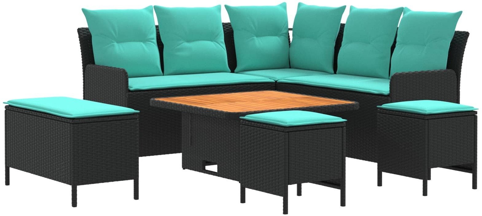 vidaXL Zestawy mebli z poduszką 7 pcs Czarny i Turkusowy Rattan PE