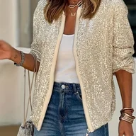 Kurtki damskie - TEMU Kobieca Elegancka Kurtka z Cekinami na Zamek - Długi Rękaw, Okrągły Dekolt, Czarna z Złotymi Akcentami, Idealna na Jesień/Zimę, Od Casualu do - miniaturka - grafika 1