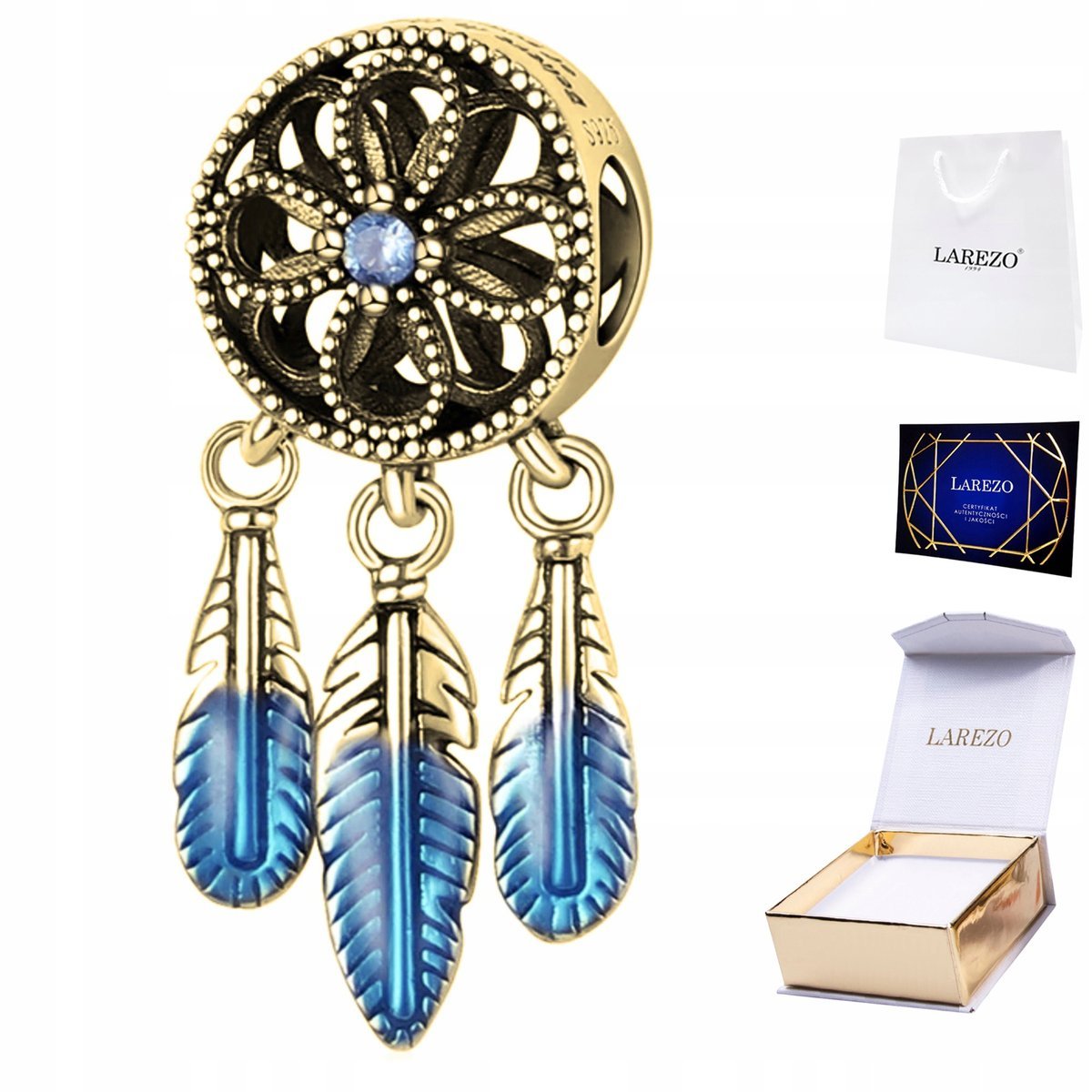 CHARMS ZŁOTY Łapacz Snów Niebieski Okrągły z Piórami Pióra SREBRO 925