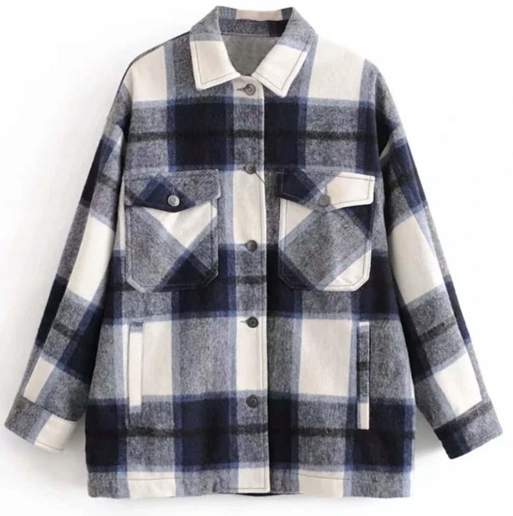 Koszula Damska W Kratę M Długi Rękaw Niebieska