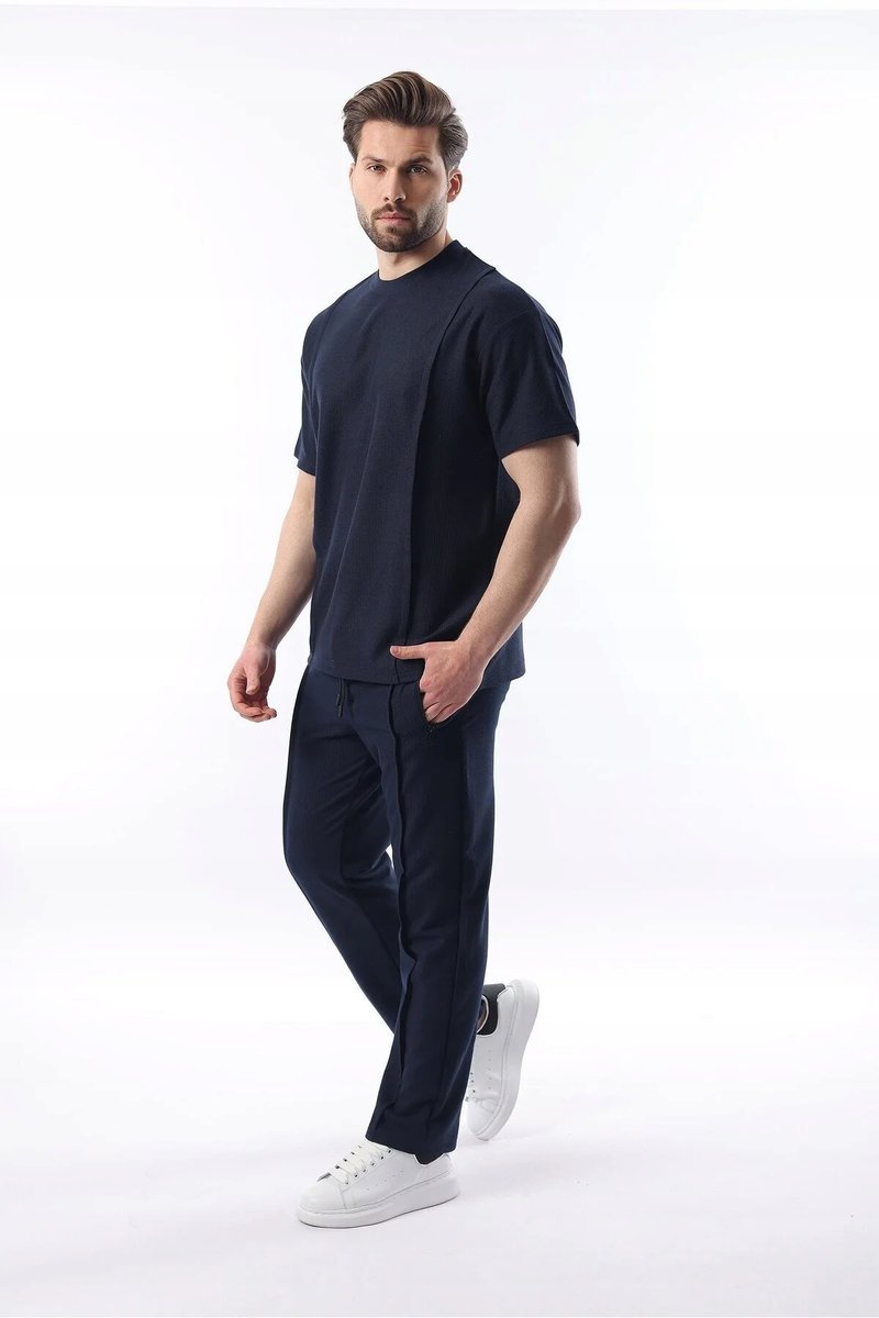 MĘSKI KOMPLET DRESOWY GRANATOWY Z KRÓTKIM RĘKAWEM I PROSTĄ NOGAWKĄ S 5GA*