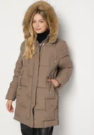 Kurtki damskie - Brązowa Pikowana Kurtka z Kapturem z Futerkiem Ruvite - miniaturka - grafika 1