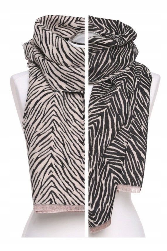 SZALIK DAMSKI SZAL JESIENNY ZIMOWY DWUSTRONNY W ZEBRĘ ELEGANCKI MORAJ BLACK