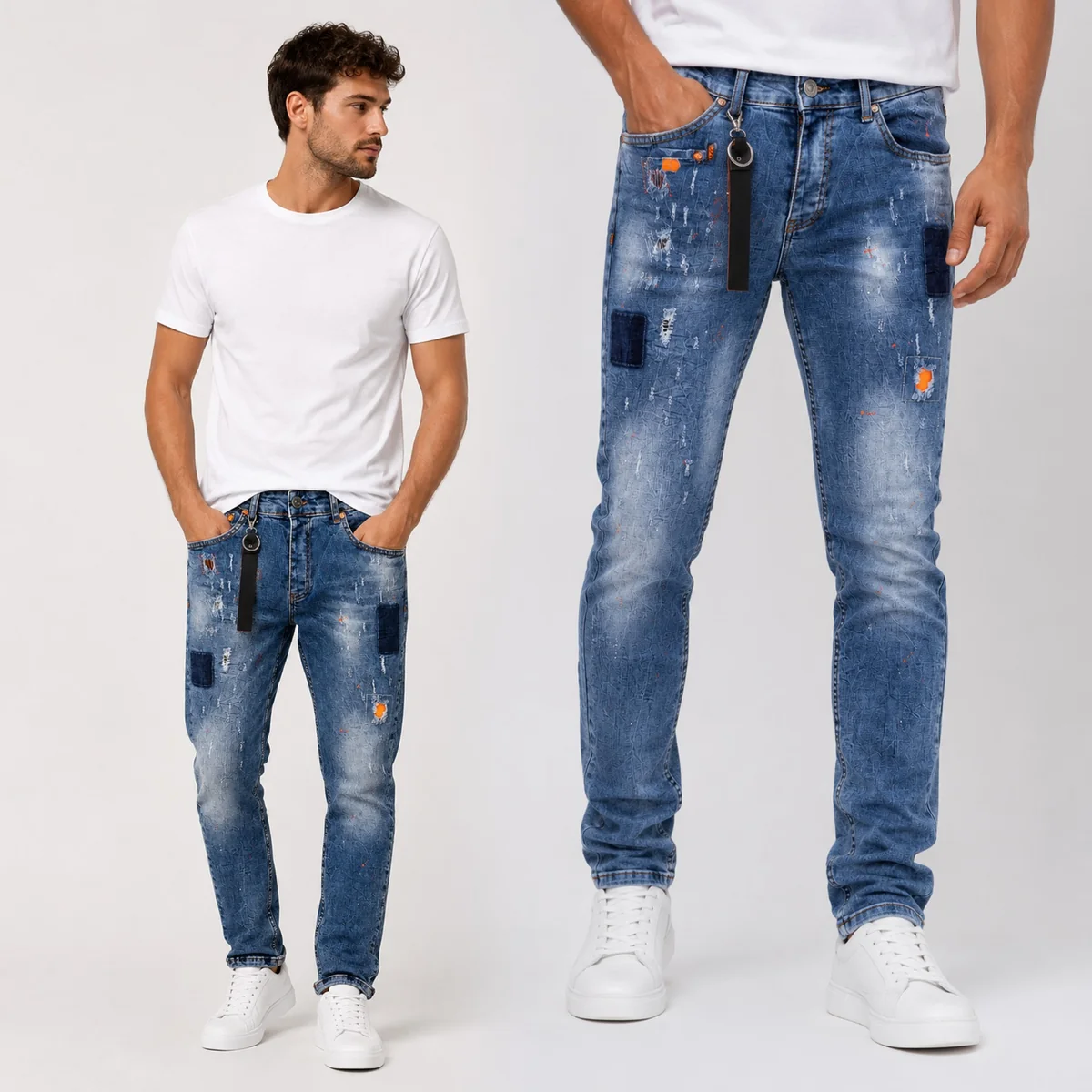 Jeansy Męskie Joggery Spodnie Skinny z Przetarciami Niebieskie DIELE & CO W33 L32