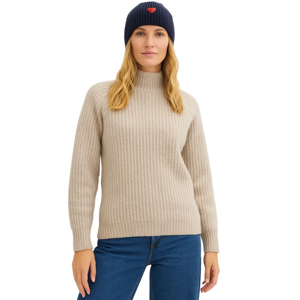 Sweter Damski Raglanowy Półgolf Prążkowany Włoski Beżowy/Szary