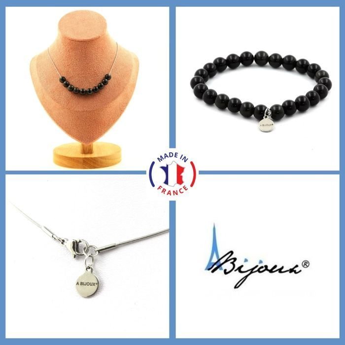 Kamienie i minerały. Zestaw biżuterii Bransoletka Naszyjnik 10 czarnych koralików obsydianowych 8 mm. Łańcuszek Możliwość dostosowania rozmiaru.