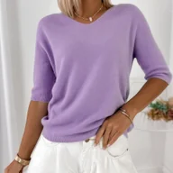 Swetry damskie - TEMU Sweter w Jednolitym Kolorze z Dekoltem w Serek, Wszechstronny Top z Półrękawami dla Kolekcji Wiosenno-Jesiennej w Eleganckim Stylu - miniaturka - grafika 1