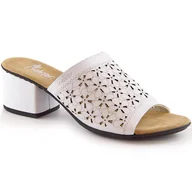 Klapki i japonki damskie - Skórzane klapki damskie na obcasie ażurowe białe Rieker 64681-80 - miniaturka - grafika 1