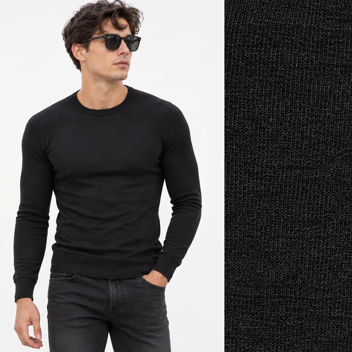 Sweter męski cienki Slim Fit mocno dopasowany z okrągłym dekoltem czarny gładki LD-69051-1-BLACK M
