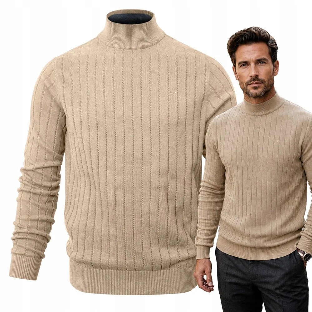 Elegancki SWETER Męski PÓŁGOLF Bawełniany Prążkowany BEŻOWY Pako Jeans Elegancki SWETER Męski PÓŁGOLF Bawełniany Prążkowany BEŻOWY 3XL Pako Jeans