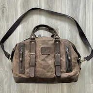 Torby podróżne - Torba bagażowa podróżna brązowa ze skóry i bawełny woskowanej Vintage. - miniaturka - grafika 1