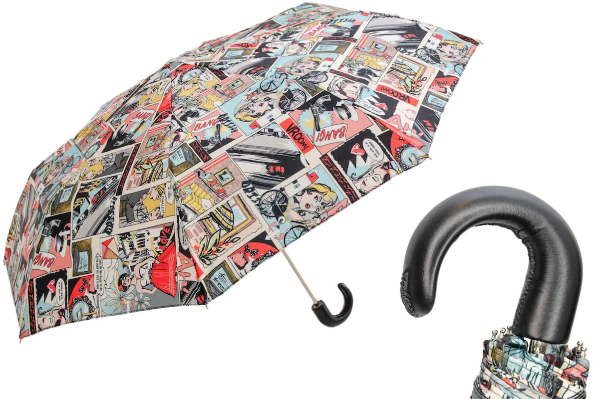 PASOTTI Składana Parasolka 30cm Komiksy Skóra Manual Włochy LUX