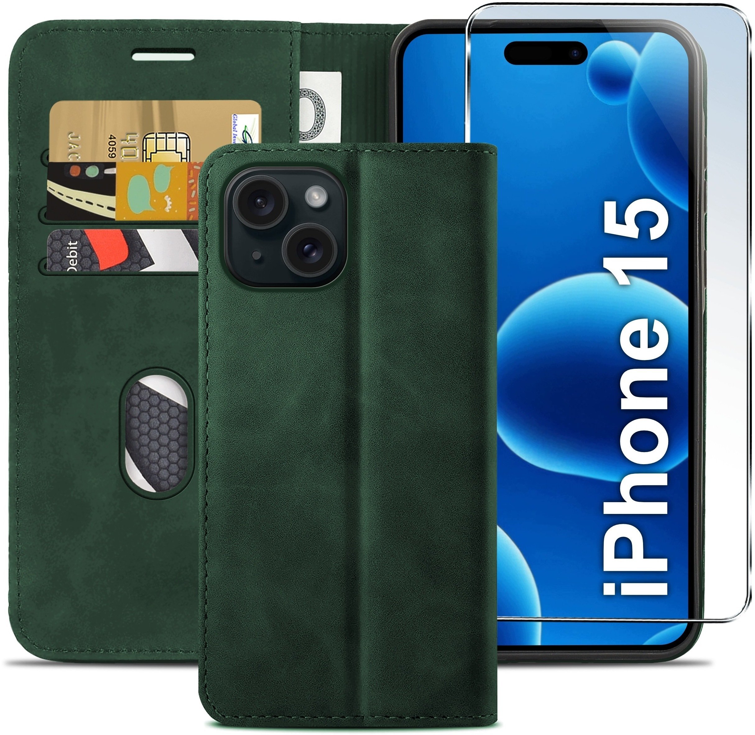 krainaGSM Etui z klapką do iPhone 15 zamykane magnetyczne skórzane + szkło 9H