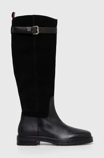 Tommy Hilfiger kozaki skórzane CASUAL ESSENTIAL BELT LONGBOOT damskie kolor czarny na płaskim obcasie FW0FW07480 - Kozaki damskie - miniaturka - grafika 1