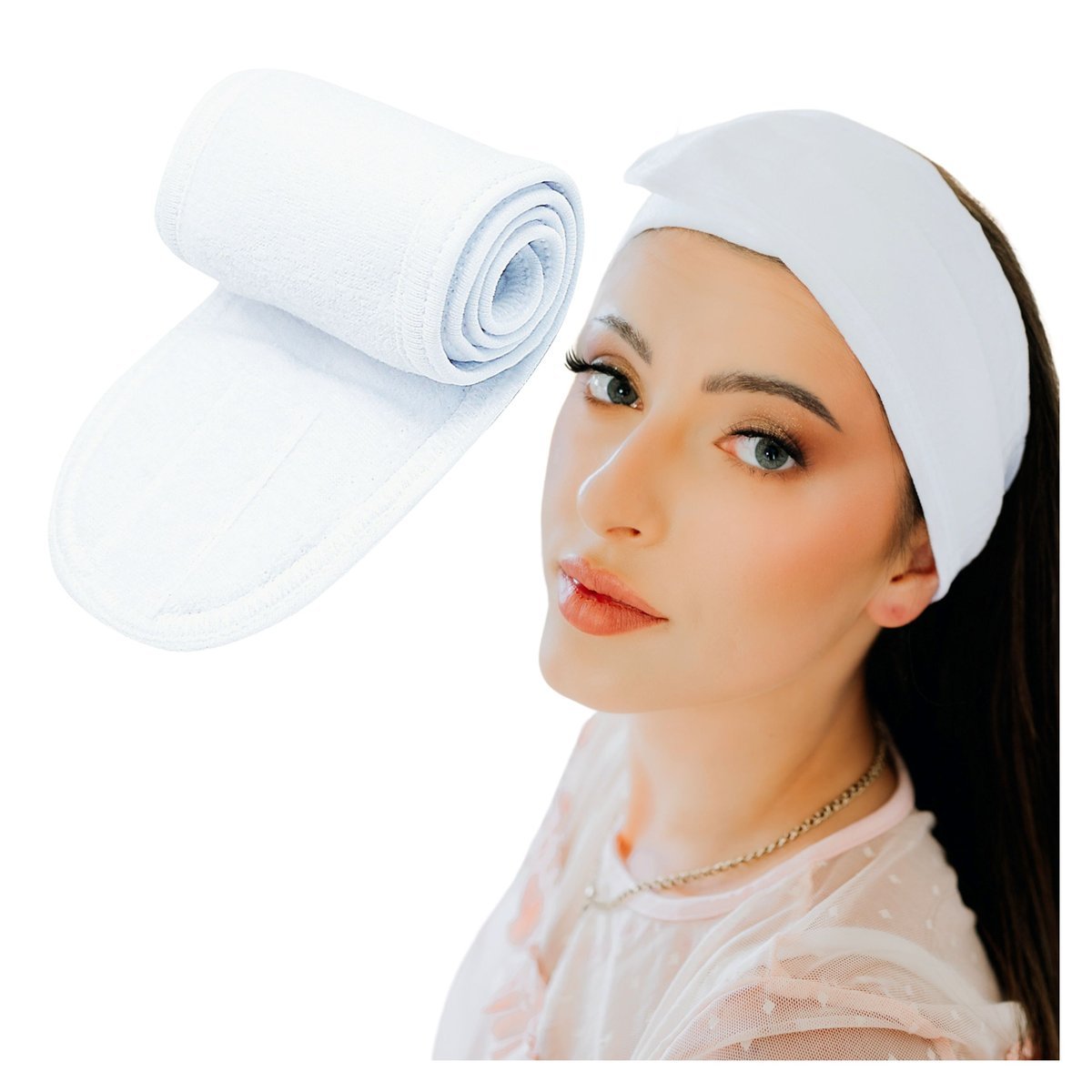 Opaska Kosmetyczna Biała do Makijażu na Rzep Regulowana Profesjonalna