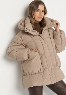 Beżowa Pikowana Kurtka o Kroju Oversize z Kapturem Galandia - Kurtki damskie - miniaturka - grafika 1