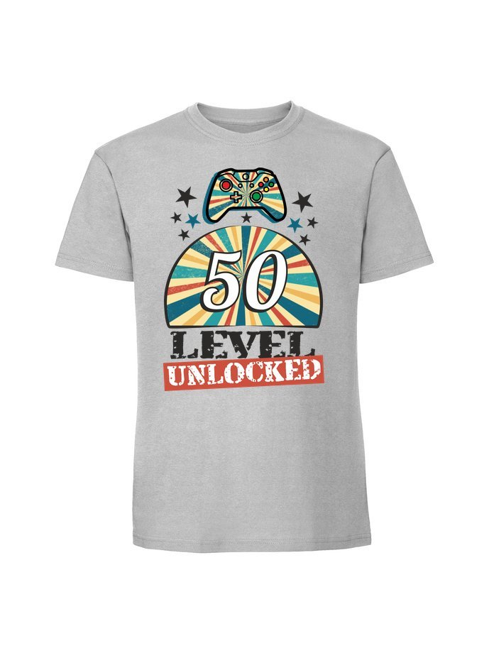 Męska koszulka z nadrukiem -50 Level Unlocked v2 Pastelowy szary S