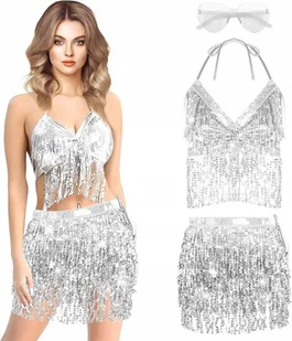 STRÓJ DISCO PRZEBRANIE 3 CZĘŚCIOWY ZESTAW SPÓDNICA TOP OKULARY CEKINY DISCO - Stroje karnawałowe - miniaturka - grafika 1