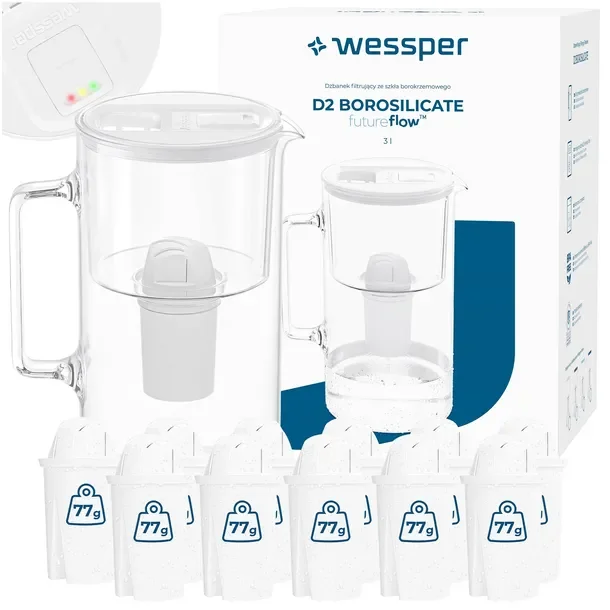 Dzbanek filtrujący szklany Wessper D2 BOROSILICATE FF 3l biały + 12x filtr
