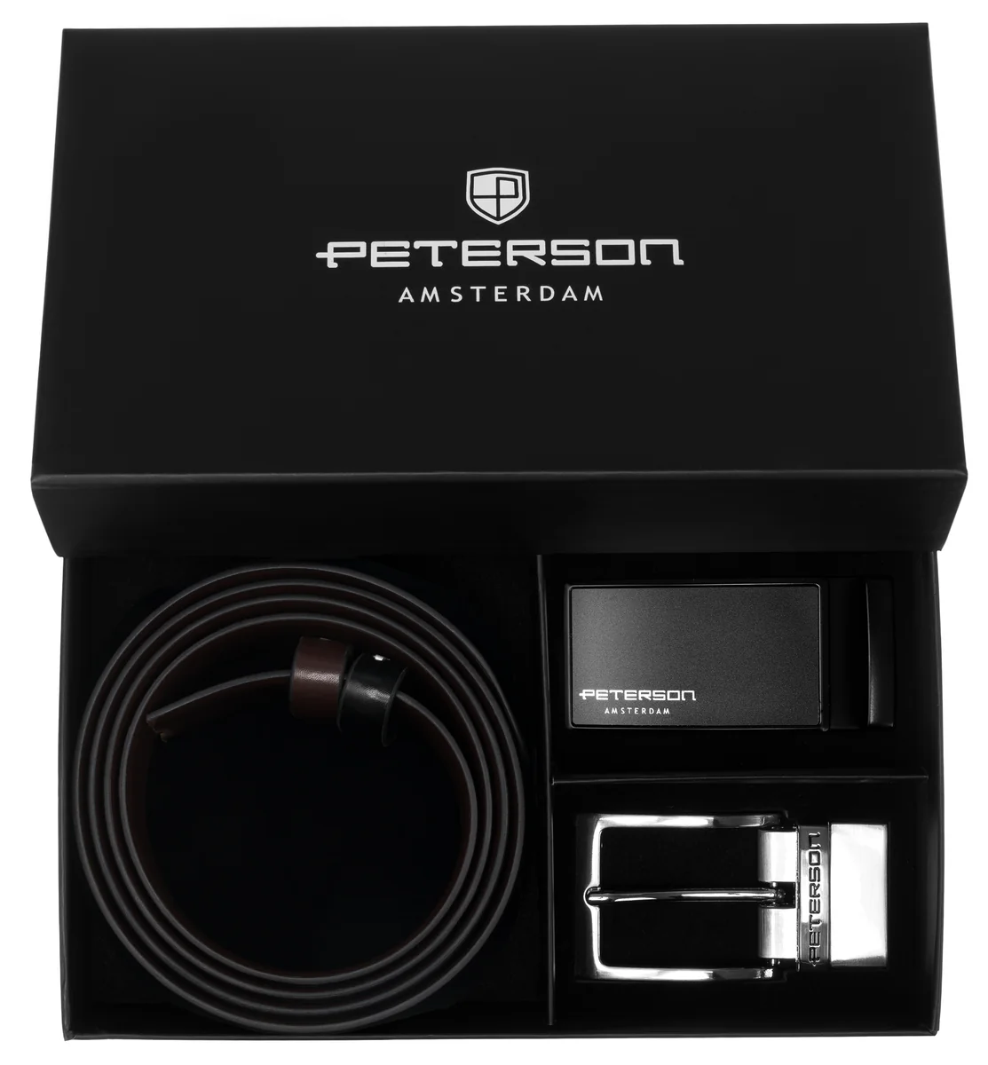 Pasek męski ze skóry naturalnej PETERSON 4w1 dwustronny czarno-brązowy z 2 klamrami 125