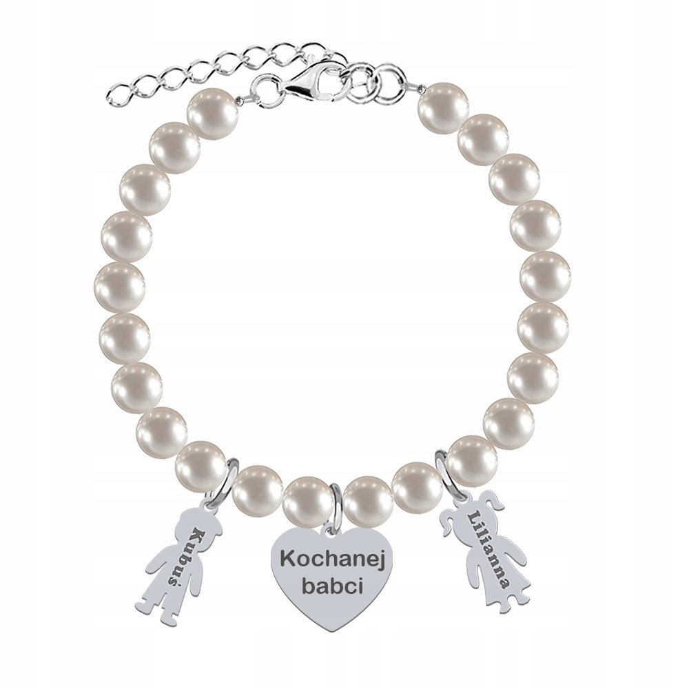 Bransoletka Srebrna z Perłami Serce Imiona Dzieci Biżuteria Grawer Życzenia