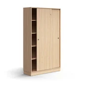 Szafy biurowe - Zamykana szafa przesuwna QBUS, 4 półki, cokół, uchwyty, 2020x1200x400 mm, dąb - miniaturka - grafika 1