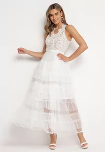 Biała Sukienka Maxi z Koronką i Siateczkowymi Falbanami Danela - Sukienki - miniaturka - grafika 1