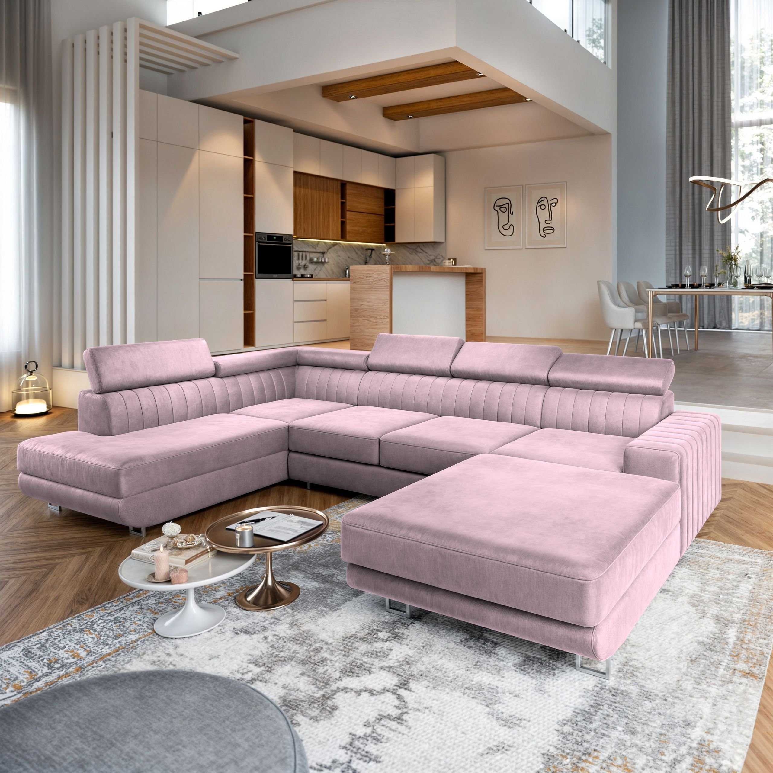Masseno Narożnik SIENA R-S z funkcją spania i pojemnikiem na pościel Kształt U, Rozkładana sofa, Rogówka - Pudrowy róż, MONOLITH 62