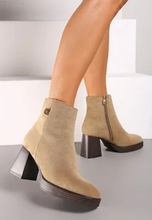 Ciemnobeżowe Botki na Obcasie z Lekkim Ociepleniem Irivina - Botki damskie - miniaturka - grafika 1